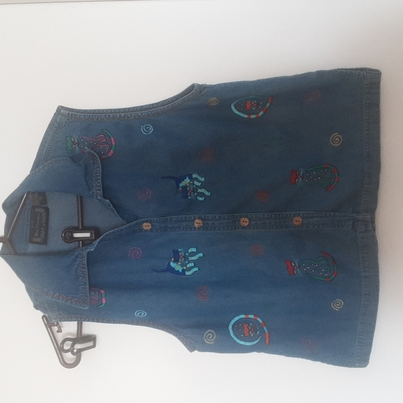 Vintage 90s Embroidered Denim Kitty Cat Vest Sz M - Picture 1 of 10